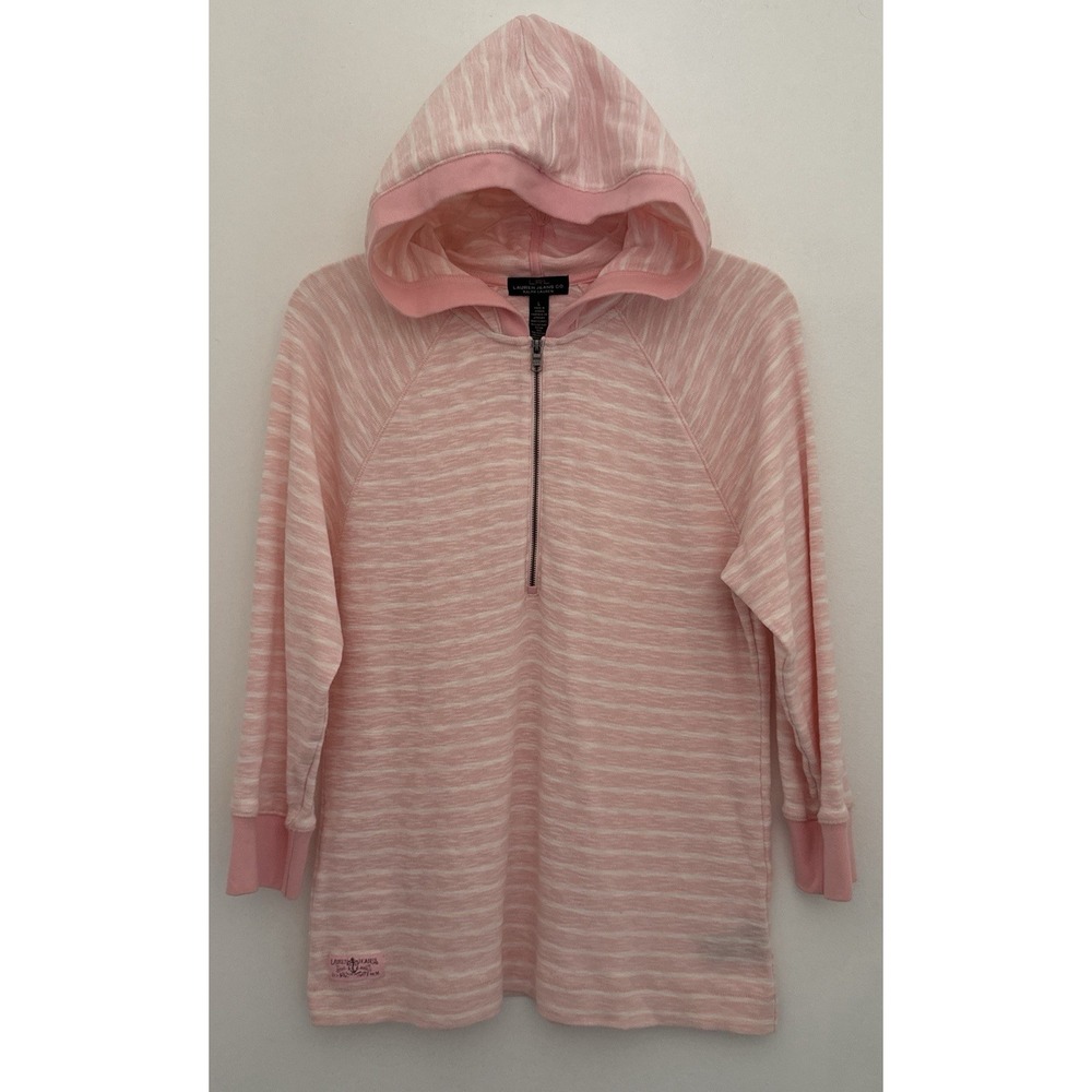 LRL LAUREN JEANS By Ralph Lauren Hoodie Womens L Pink Striped 1/4 Zip 3/4 Sleeve